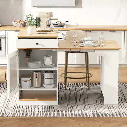 Front. PexFix - 59.5" Kitchen Island Cart with Extendable Dining Table and Built-in Power Outlet - White.