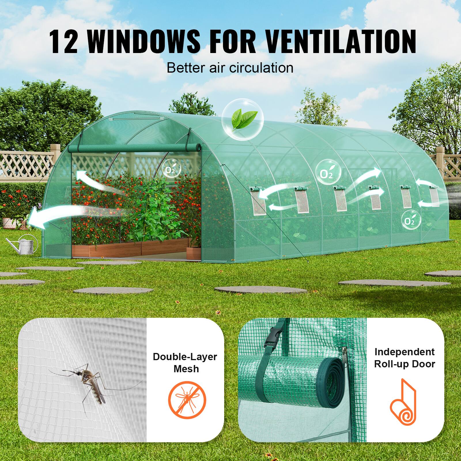12 WINDOWS FOR VENTILATION, Better air circulation, Double-Layer Mesh, Independent Roll-up Door