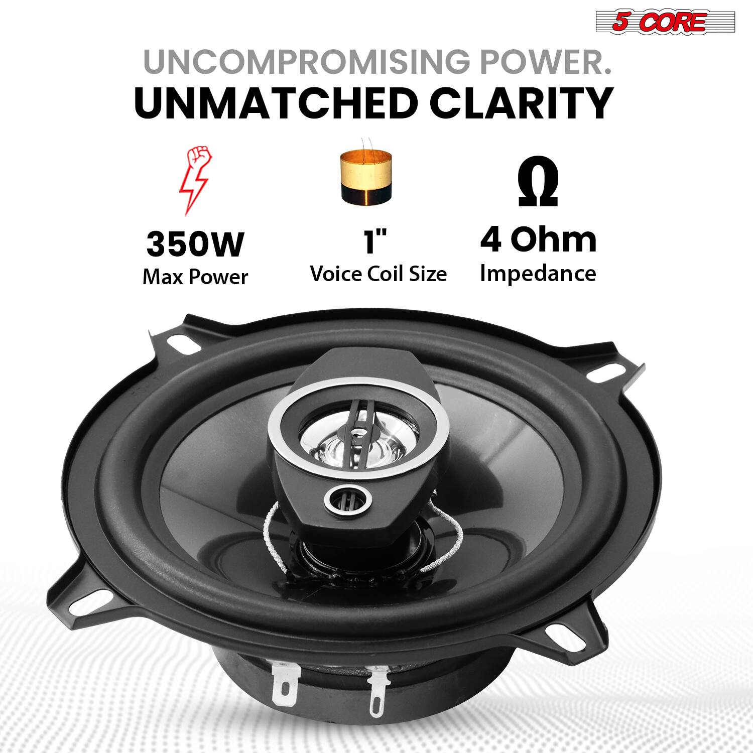 5 CORE  
UNCOMPROMISING POWER.  
UNMATCHED CLARITY  

350W  
1" Voice Coil Size  
4 Ohm Impedance