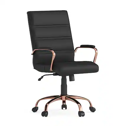 Front. Emma + Oliver - Mid-Back Executive Swivel Office Chair with Metal Frame and Arms - Black LeatherSoft/Rose Gold Frame.