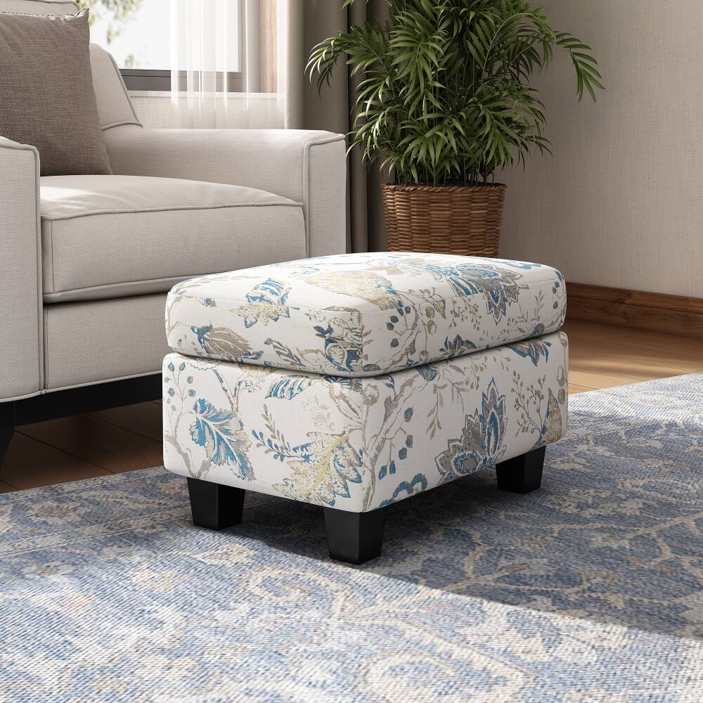 Front. PDTEND - Contemporary Beige & Blue Flower Upholstered Ottoman for Bedroom - Beige & Blue.