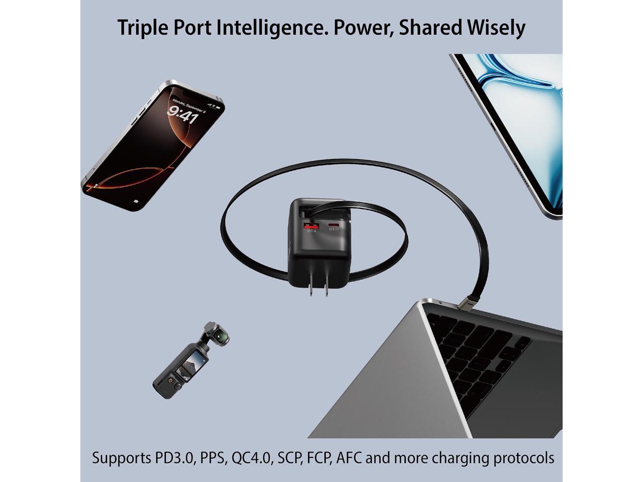 Triple Port Intelligence. Power, Shared Wisely

Supports PD3.0, PPS, QC4.0, SCP, FCP, AFC and more charging protocols
