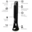 The image features a portable fan with eight easy-to-use controls, including cooling levels, a convenient carry handle, a remote control with storage, an auto-off timer option, dimming options, and a sturdy base. The fan is designed by Roneywell and has an oscillating feature.