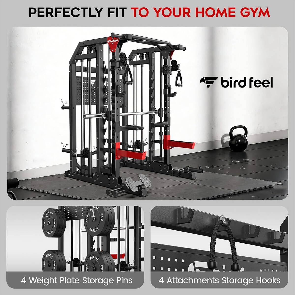 Pooboo Power Cage Smith Machine with Cable Crossover, Lat Pulldown ...
