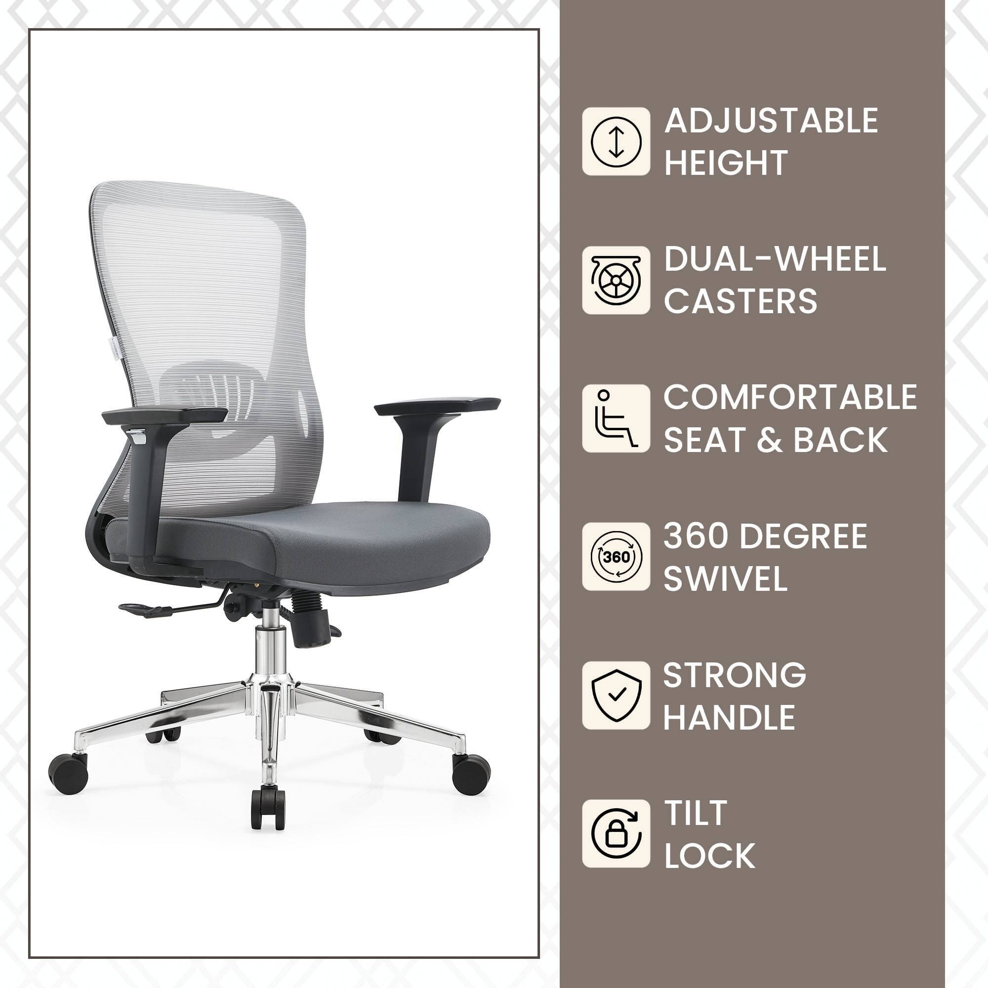 - Adjustable Height
- Dual-Wheel Casters
- Comfortable Seat & Back
- 360 Degree Swivel
- Strong Handle
- Tilt Lock