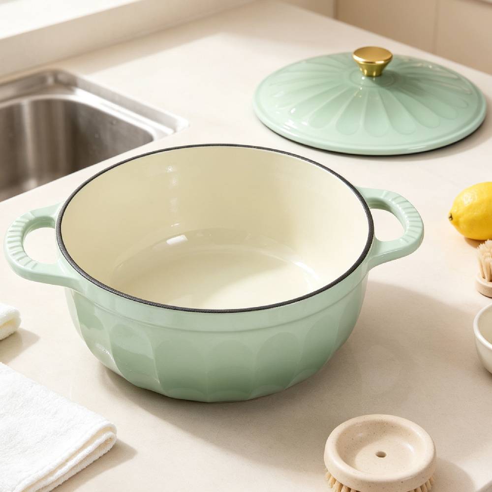 Alt View 6. Winado - 5 QT Enameled Cast Iron Dutch Oven with Gradient Petal Texture,Heat-Resistant Gloves, Pot Mat for Bread Baking, Roasting - Green.
