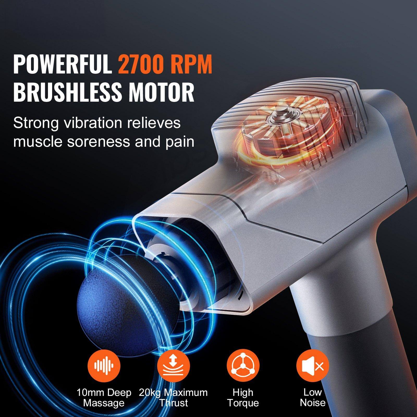 POWERFUL 2700 RPM BRUSHLESS MOTOR  
Strong vibration relieves muscle soreness and pain  

- 10mm Deep Massage  
- 20kg Maximum Thrust  
- High Torque  
- Low Noise