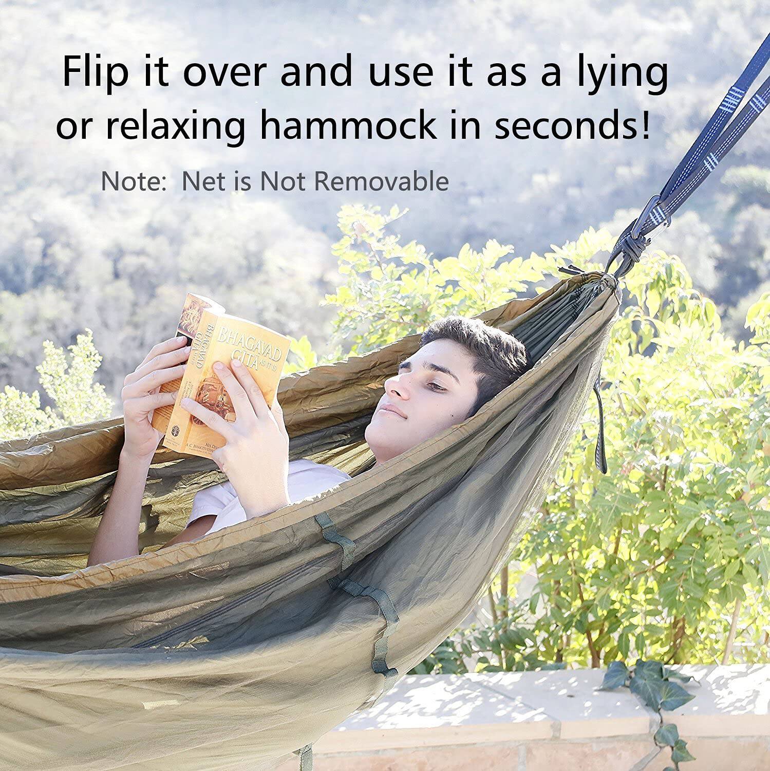 Flip it over and use it as a lying or relaxing hammock in seconds!

Note: Net is Not Removable