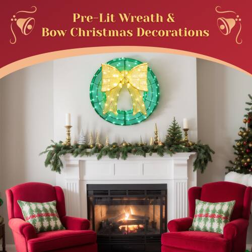 Pre-Lit Wreath & Bow Christmas Decorations