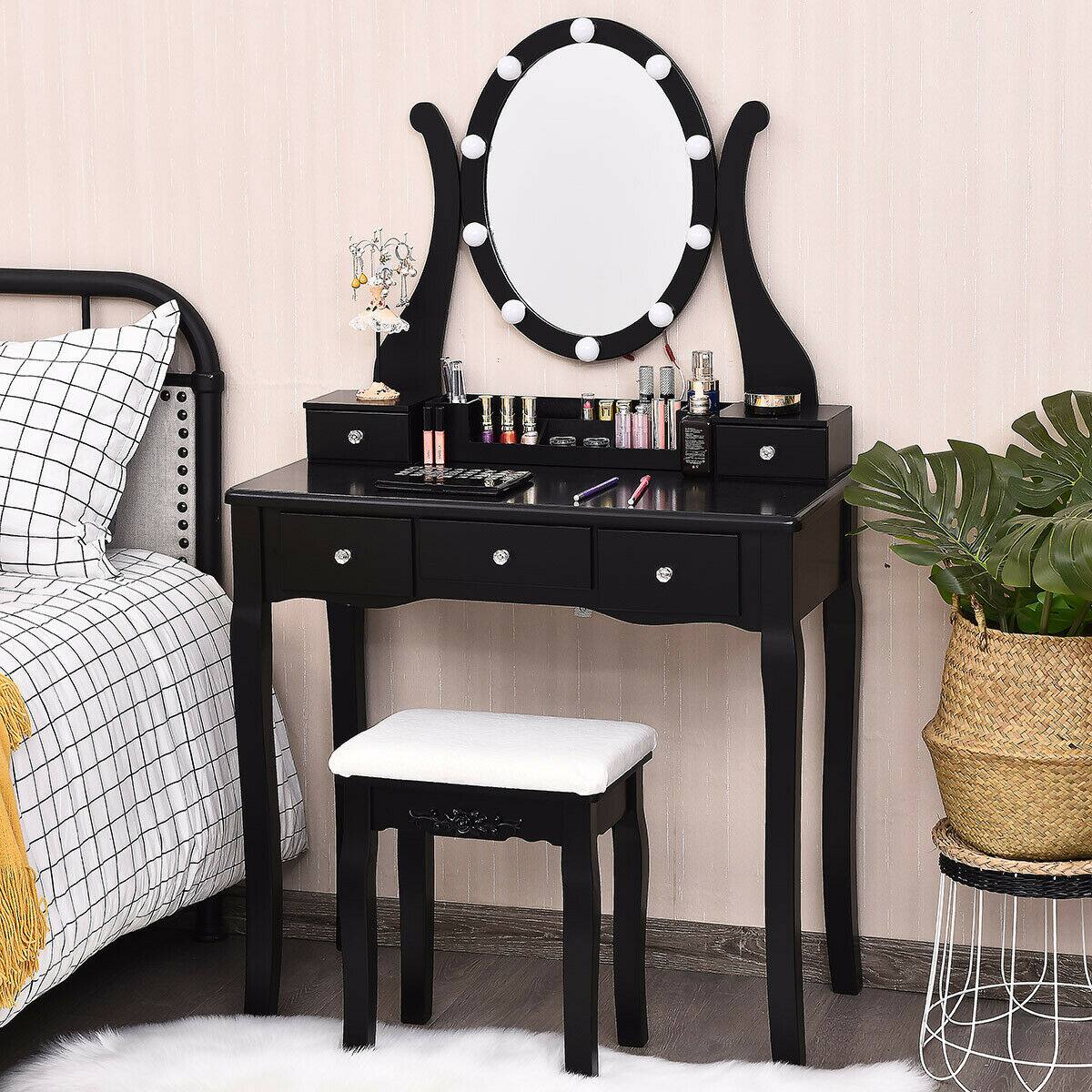 Alt View 2. Costway - Costway Vanity Table Set w/10 Light Bulbs and Touch Switch Makeup Dressing Table - Black.