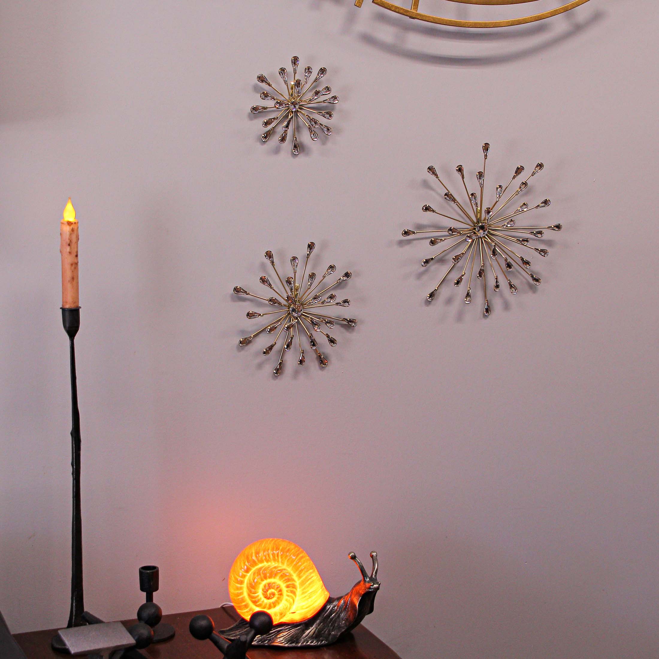 Alt View 4. Zeckos - Set of 3 Gold Tone Teardrop Starburst Rhinestone Jeweled Metal Wall Art Hangings - Gold.