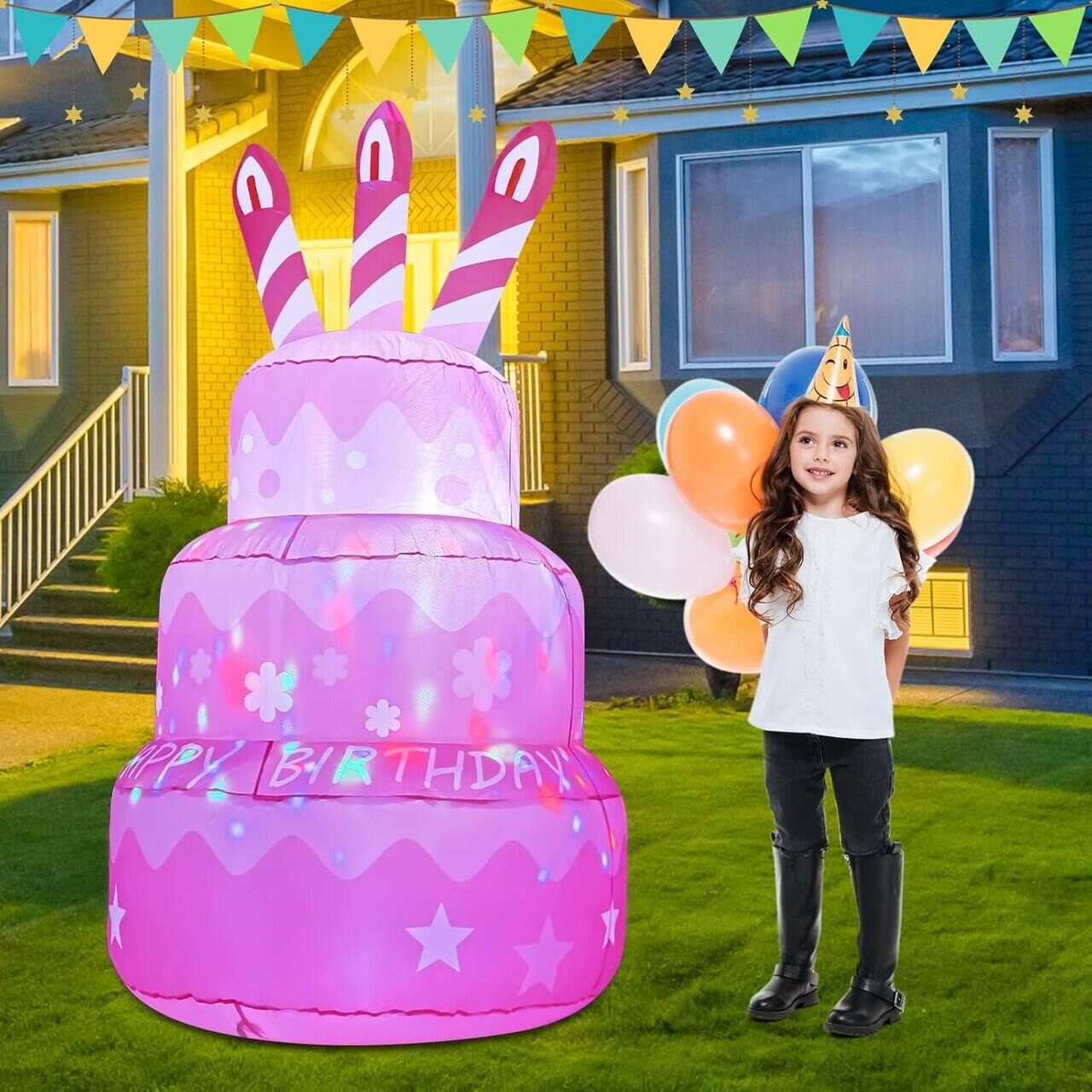 GOOSH Inflatables - GOOSH 5.5FT Birthday Inflatable Cake with Candle and Colorful Rotating LED Lights - Pink