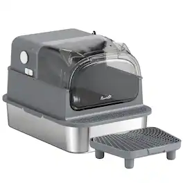 Pawhut - Steel Cat Litter Box with Flip Lid, XXL Enclosed Litter Box, High Sided, Step, Metal Scoop - Gray