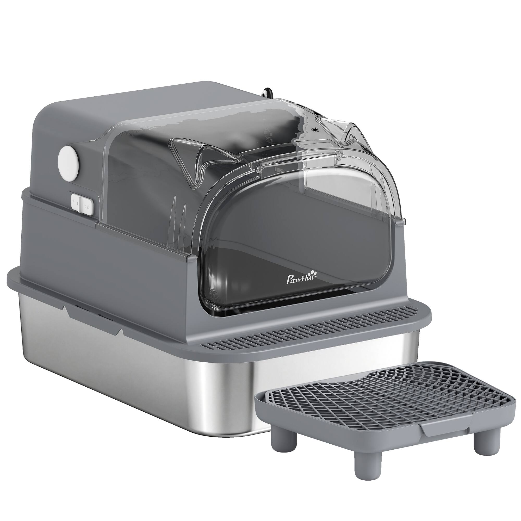 Front. Pawhut - Steel Cat Litter Box with Flip Lid, XXL Enclosed Litter Box, High Sided, Step, Metal Scoop - Gray.