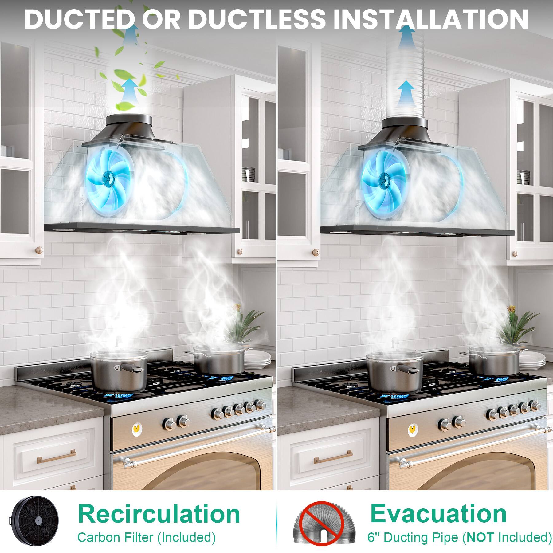 DUCTED OR DUCTLESS INSTALLATION

Recirculation
Carbon Filter (Included)

Evacuation
6" Ducting Pipe (NOT Included)