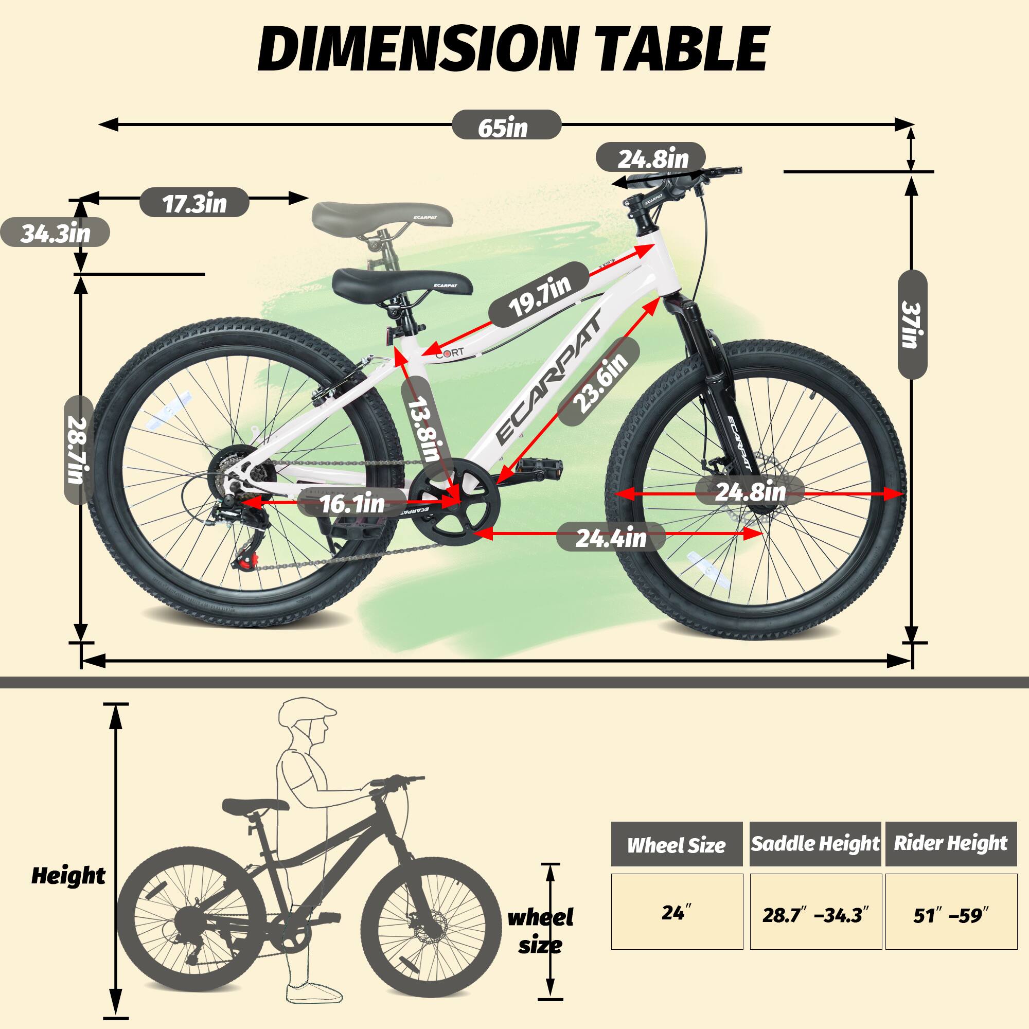 DIMENSION TABLE

- 34.3in
- 28.7in
- 17.3in
- 65in
- 24.8in
- 19.7in
- 13.8in
- 23.6in
- 24.8in
- 16.1in
- 24.4in
- 37in

Wheel Size: 24"
Saddle Height: 28.7" - 34.3"
Rider Height: 51" - 59"