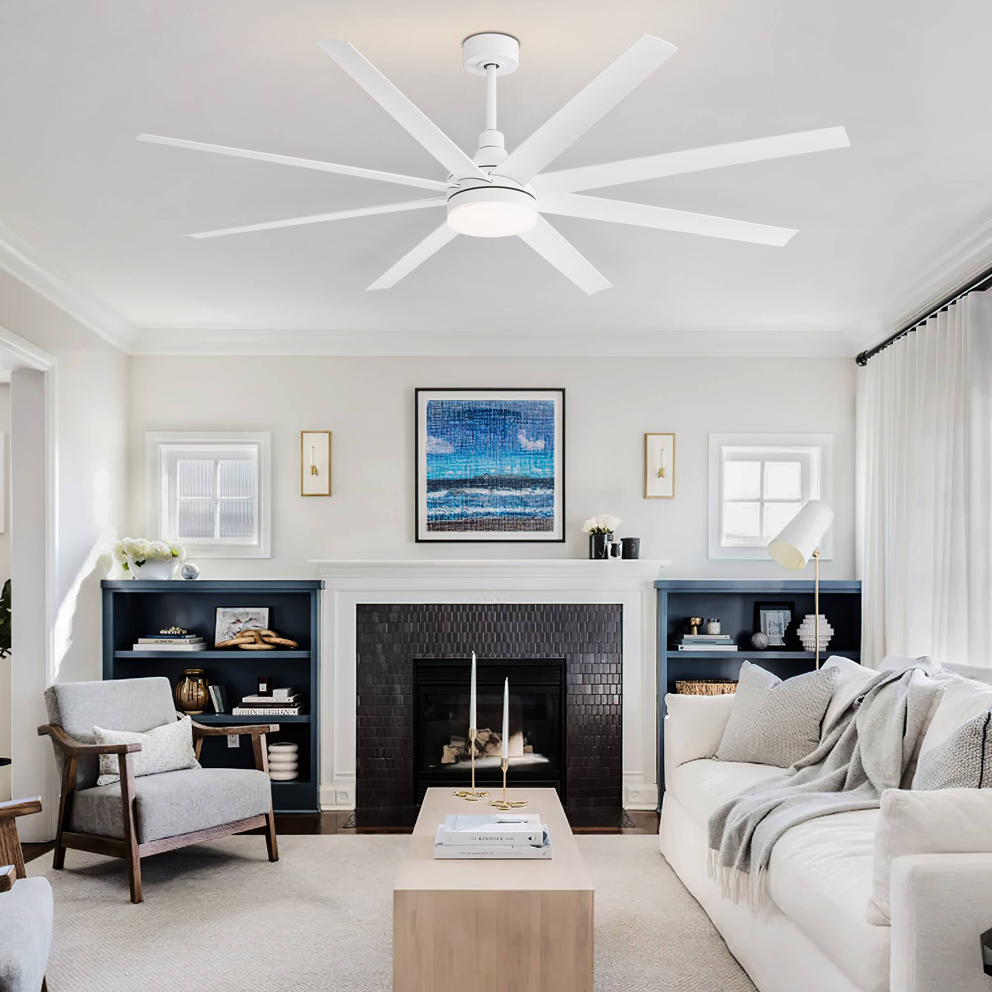 Alt View 2. Breezary - 72" Large Indoor Ceiling Fan with Remote, 8 ABS Blades, 6-Speed DC Motor, Timer, 7''/12''Downrods, Light/No Light Option - Matte White (Without Light).