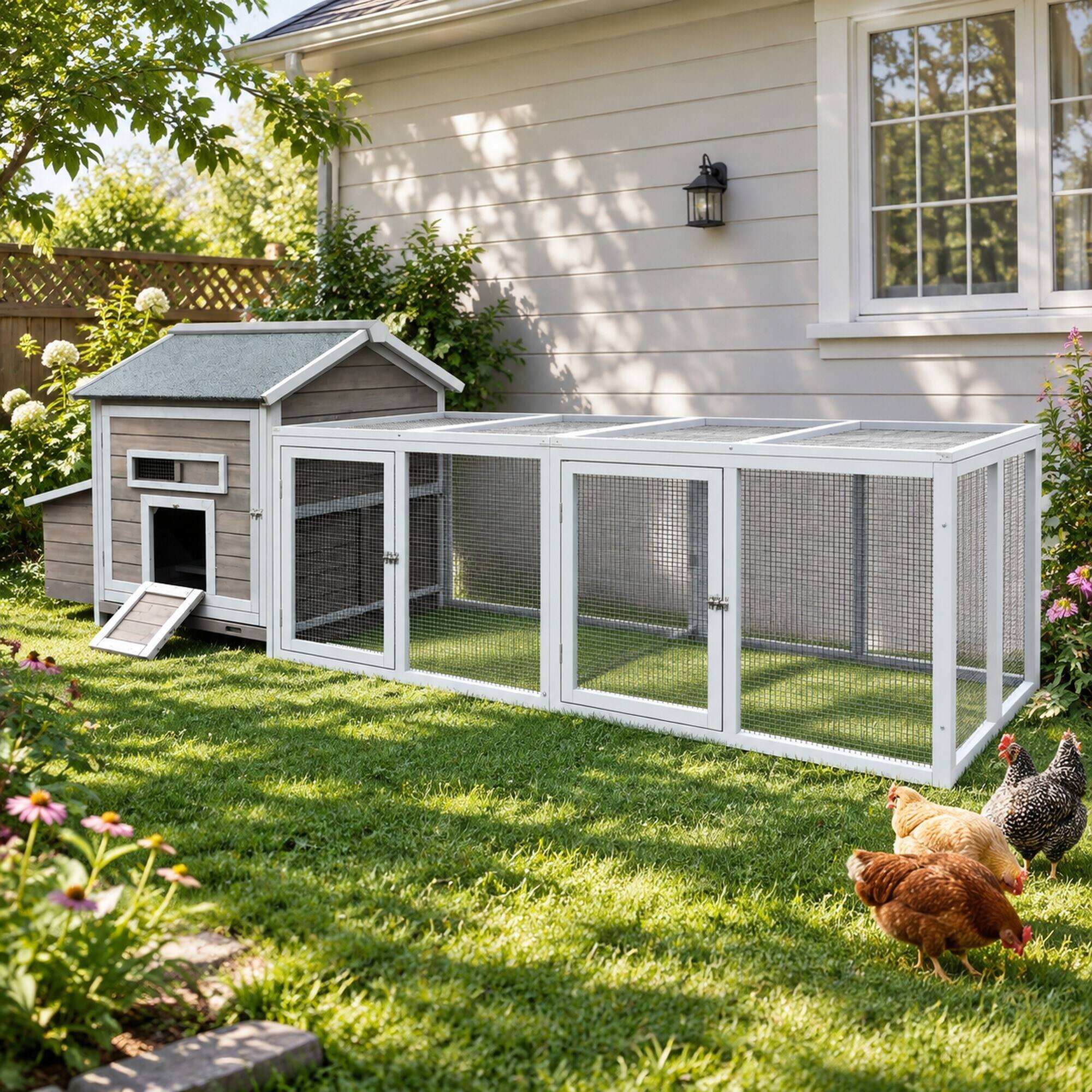 Alt View 1. RYHNUYNE - 114 in Wooden Chicken Coop, Outdoor Run, Nesting Box, Lockable Doors, Ramp, 19.6 sq ft.