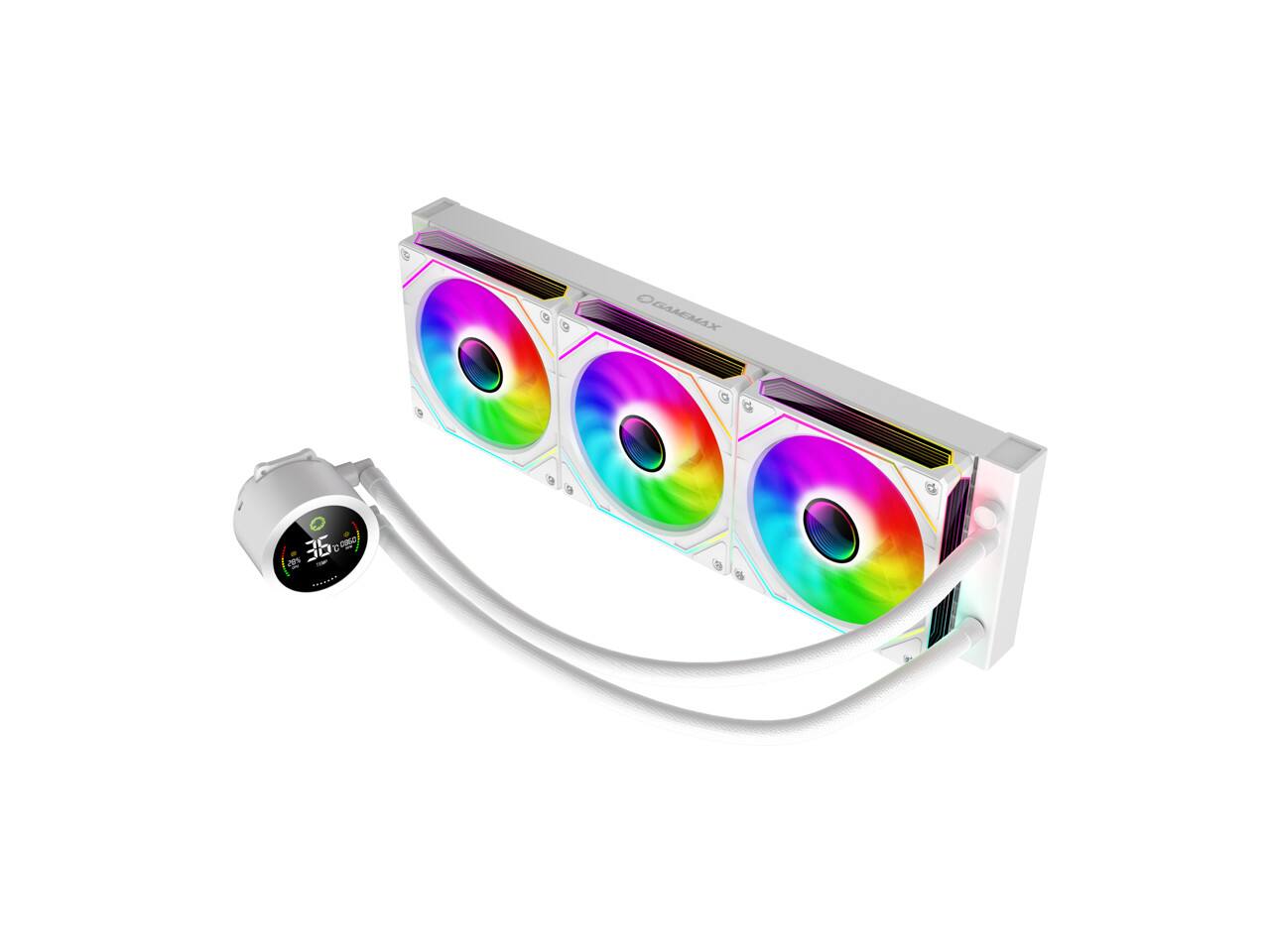 Left. GAMEMAX - GAMEMAX 360 Digital WH, Liquid CPU Cooler 360mm Addressable ARGB Pump Fans 290W TDP AIO Water Cooler - White.