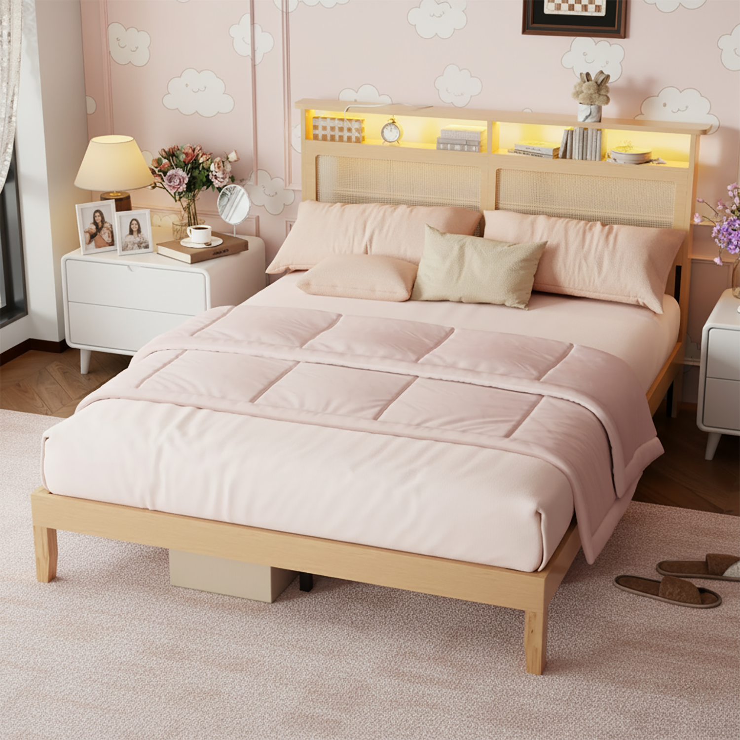 Furnulem - Queen Bed Frame With Natural Rattan Headboard Platform Bed Frame With LED Lights And Storage - Gold