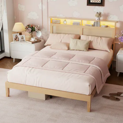 Front. Furnulem - Queen Bed Frame With Natural Rattan Headboard Platform Bed Frame With LED Lights And Storage - Gold.