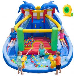 Costway - Inflatable Water Slide Park with Double Slides, Jumping Area, 680W Blower for Yard - Multicolor