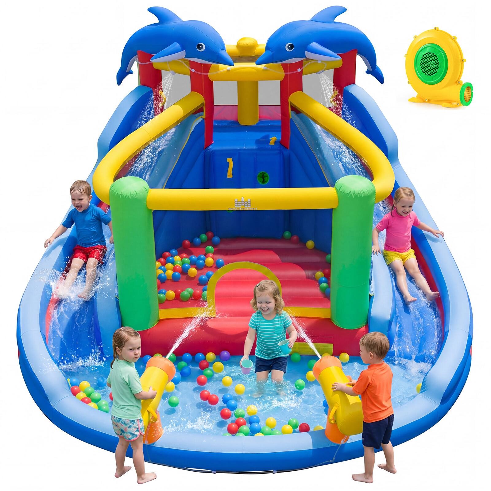 Front. Costway - Costway Inflatable Water Slide Park with Double Slides, Jumping Area, 680W Blower for Yard - Multicolor.
