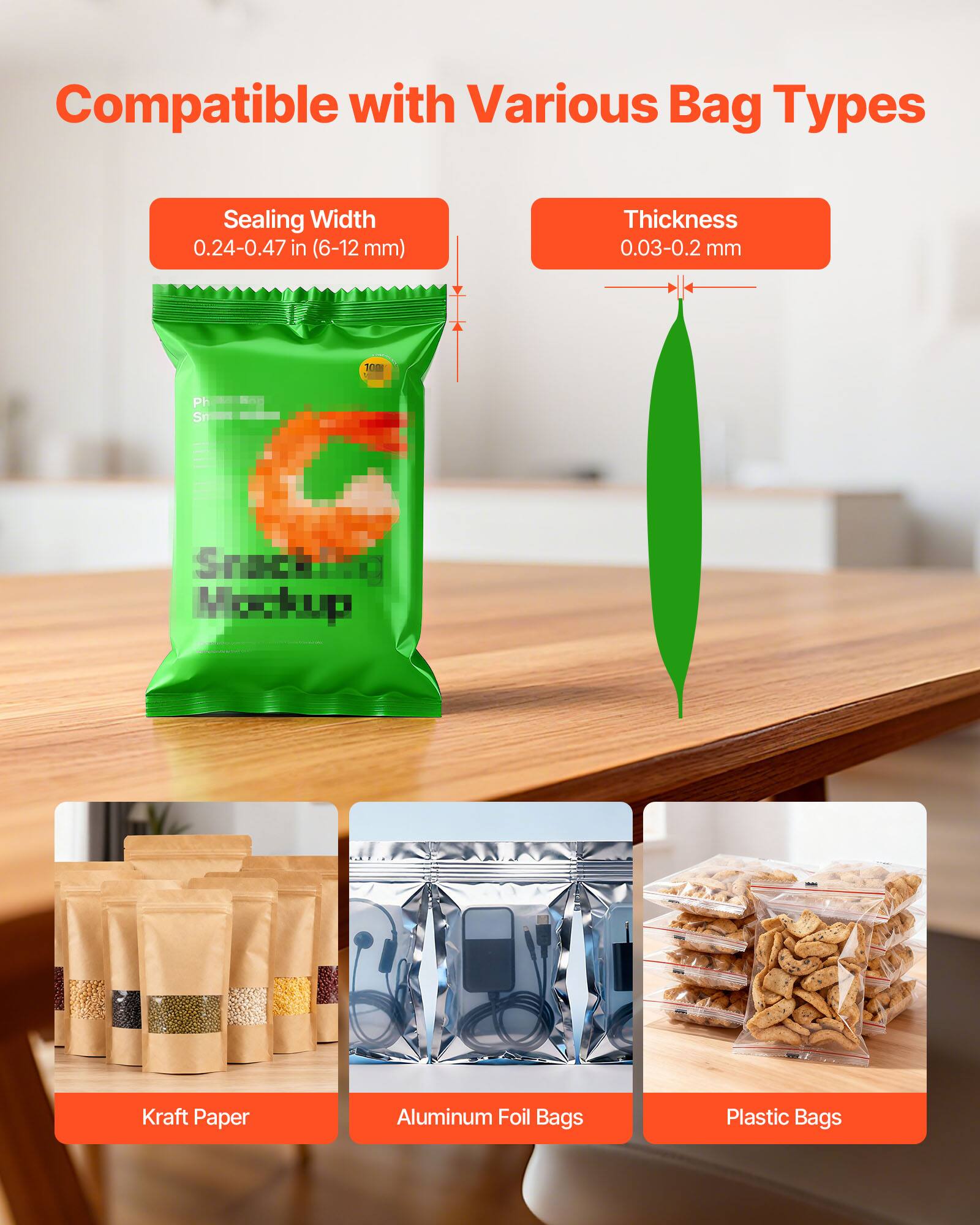 Compatible with Various Bag Types

Sealing Width 0.24-0.47 in (6-12mm)

Thickness 0.03-0.2 mm

1000

Snackity Mockup

Kraft Paper

Aluminum Foil Bags

Plastic Bags