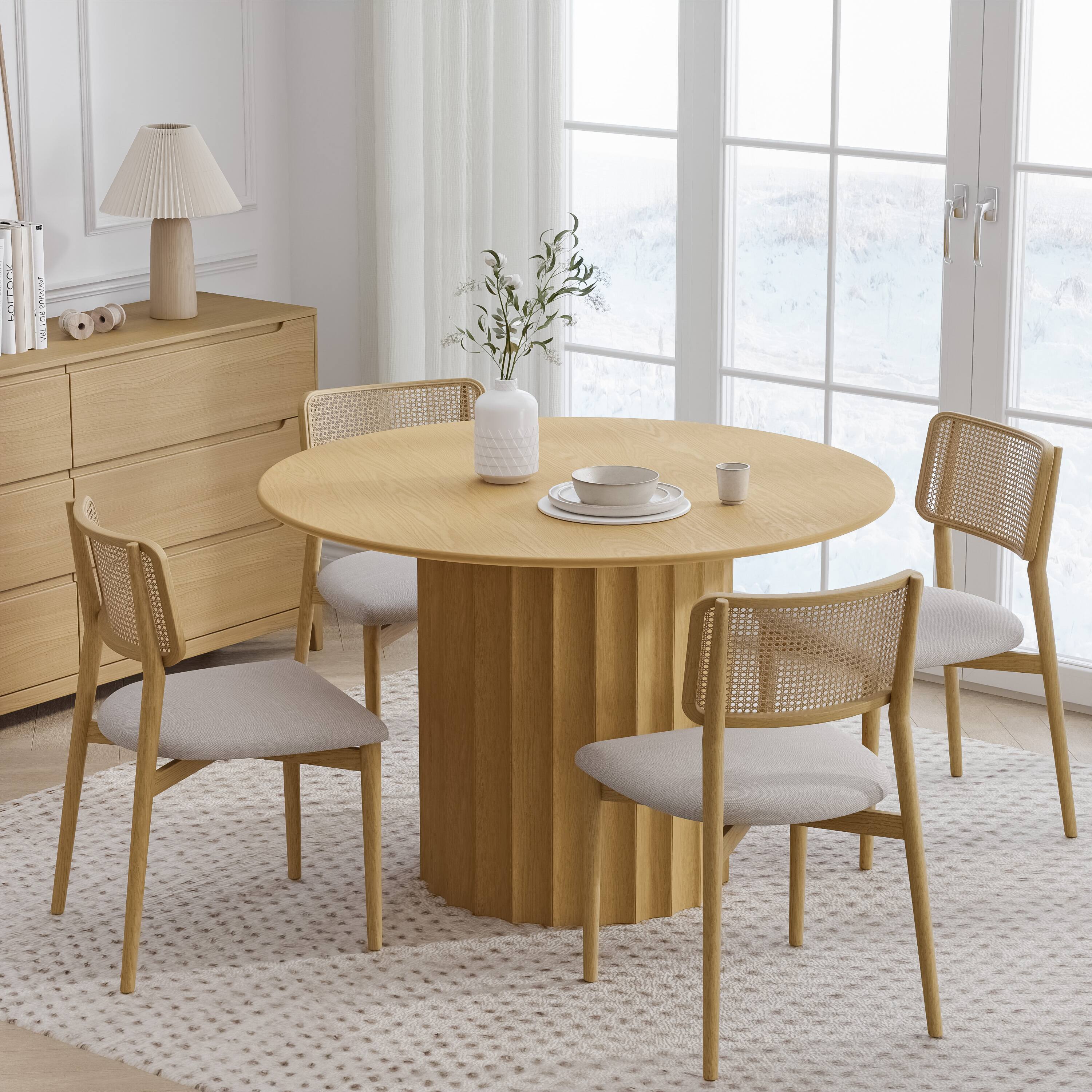 Alt View 1. PexFix - Minimalist Farmhouse Curved Edge Round Solid Oak 46 in. Wide Fluted Base Kitchen & Dining Table Seats 4 - Natural.