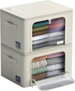 Sorbus - Storage Bins with Metal Frame, Stackable & Foldable Clothes Organizer Bags, Fabric Storage Containers - Beige