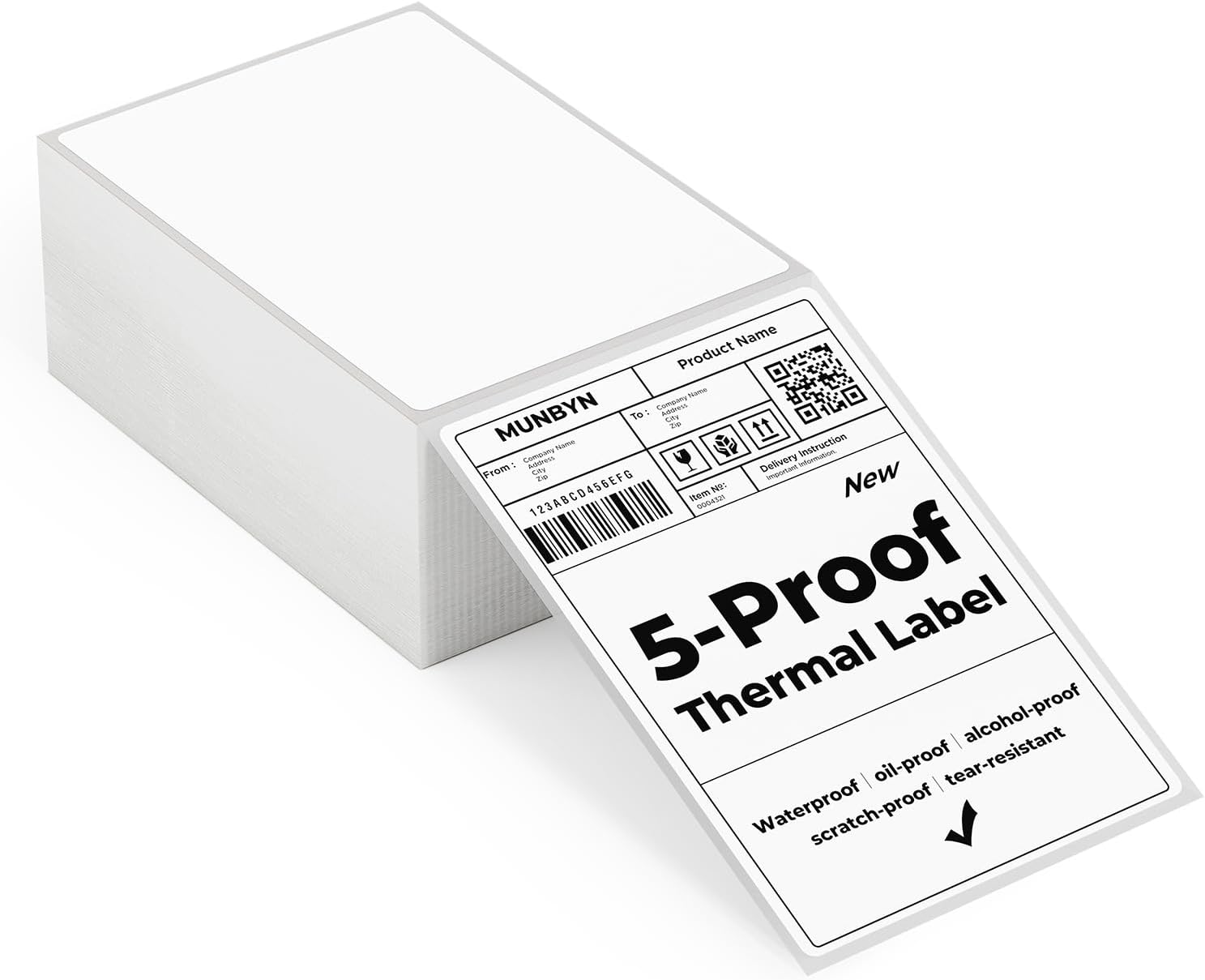 MUNBYN

From:  
[Address]  
[City, State, Zip]  

To:  
[Address]  
[City, State, Zip]  

Product Name:  
[Product Name]  

Item No: 00043  
Delivery Instruction: [Instruction]  

123ABC0456EFG  

New  
5-Proof Thermal Label  
Waterproof | oil-proof | alcohol-proof | tear-resistant | scratch-proof  

[QR Code]