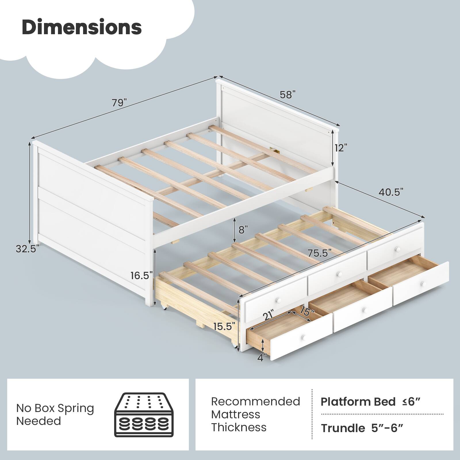 Dimensions  
79" x 58" x 12" x 40.5" x 8" x 32.5" x 75.5" x 16.5" x 15.5" x 21" x 15"

No Box Spring Needed

Recommended Mattress Thickness: 6"

Platform Bed: ≤6"

Trundle: 5"-6"