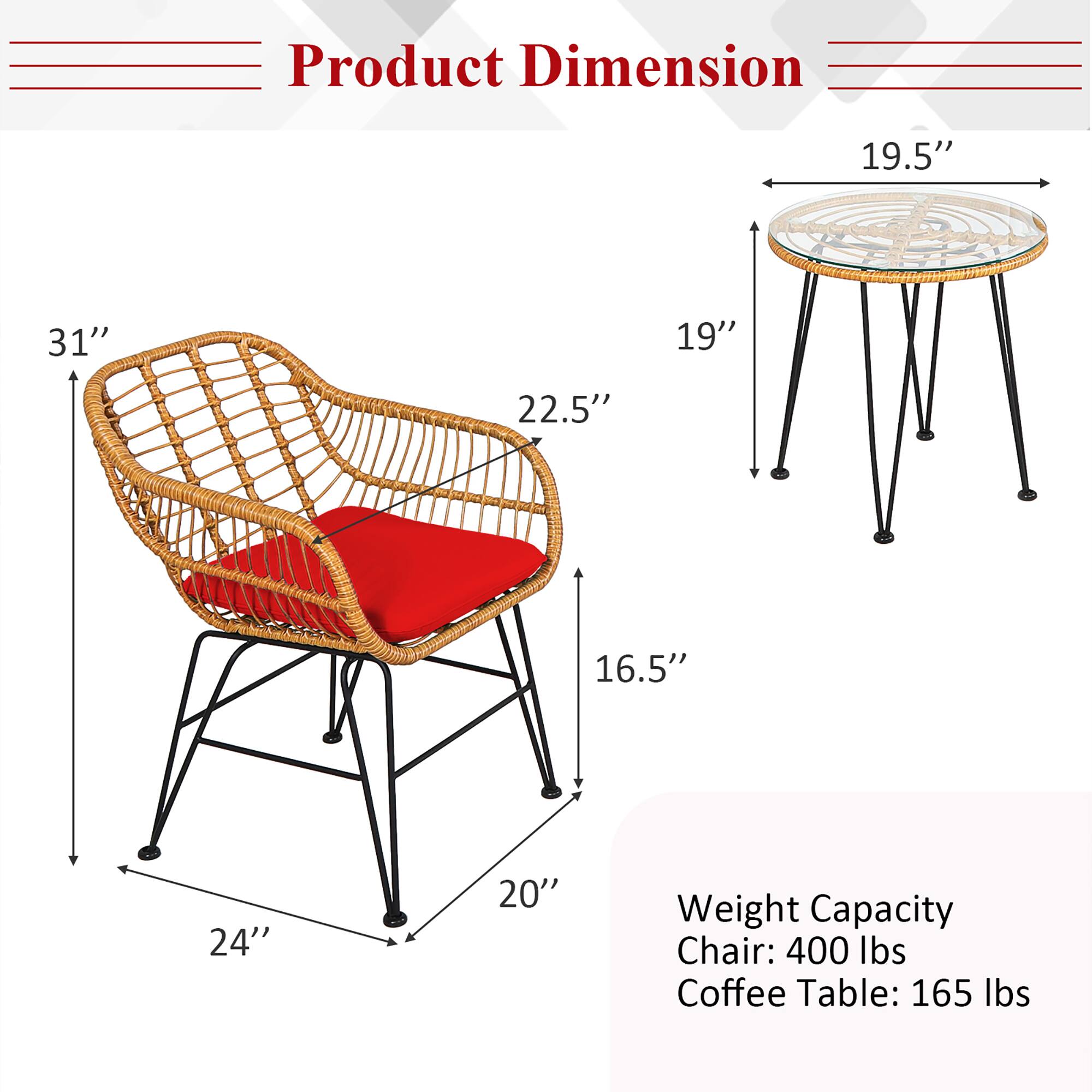 Product Dimension: 19.5", 31", 19", 22.5", 16.5", 24", 20"

Weight Capacity: Chair: 400 lbs, Coffee Table: 165 lbs