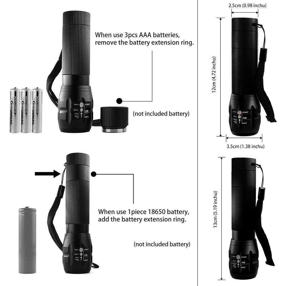When use 3pcs AAA batteries, remove the battery extension ring.  
(not included battery)  

When use 1 piece 18650 battery, add the battery extension ring.  
(not included battery)  

2.5cm (0.98 inch)  
12cm (4.72 inch)  
3.5cm (1.38 inch)  

13cm (5.19 inch)