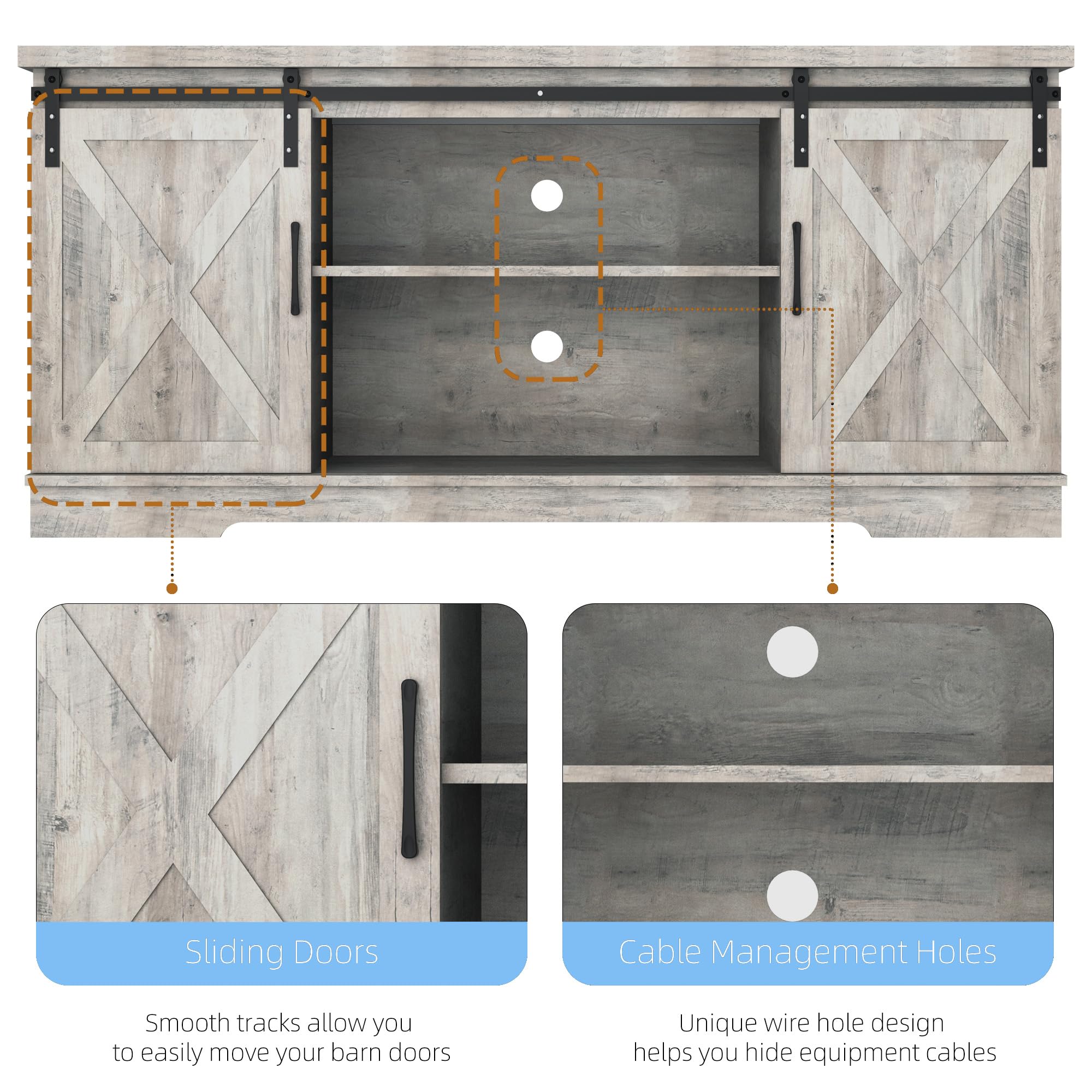 Sliding Doors  
Smooth tracks allow you to easily move your barn doors

Cable Management Holes  
Unique wire hole design helps you hide equipment cables