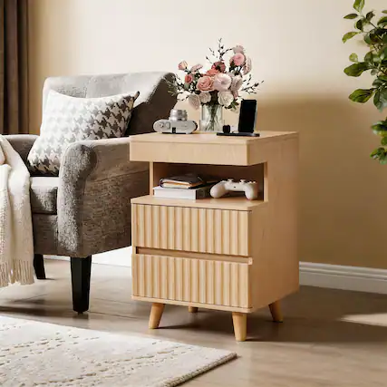 Front. Whisen - Modern Nightstand with Charging Station,Secure Storage Drawer,2 Drawers and Open Shelf - Oak.