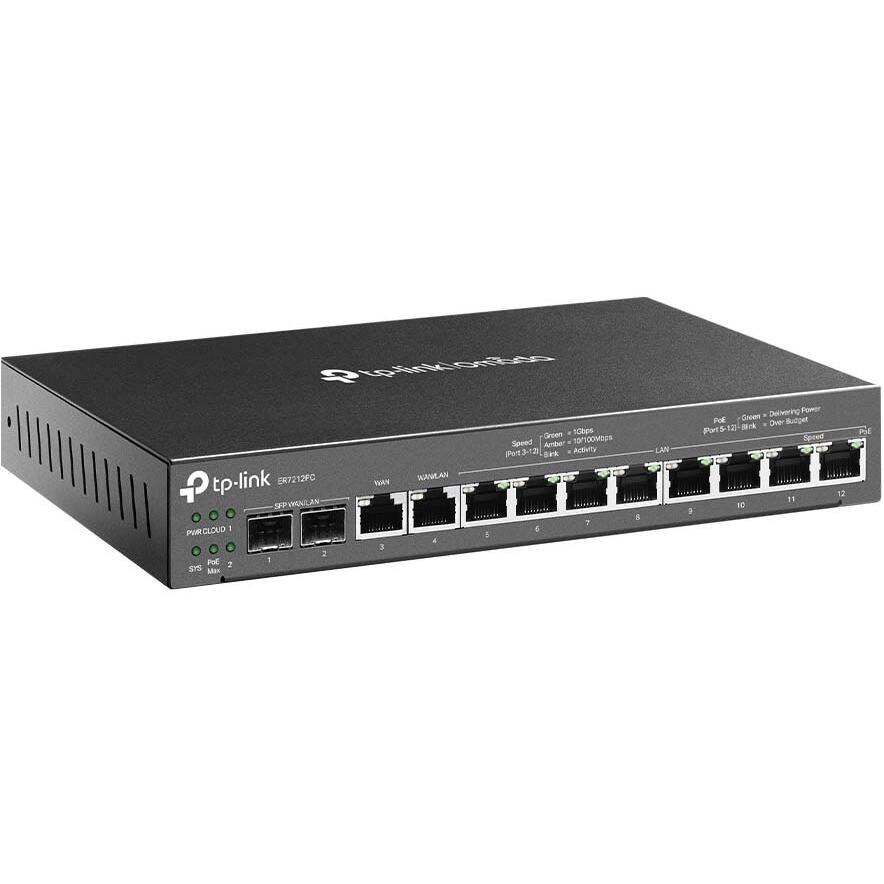tp-link ER7212PC

- WAN
- 12 x LAN
- 4 x PoE
- 1 x PWR/CLD
- 1 x SYS
- 1 x PWR

Ports:
- Port 1-12: 10/100/1000 Mbps, Auto-Negotiation, Activity
- Port 1-4: PoE (Green: Delivering Power, Orange: Over Budget)
- PWR/CLD: Power/Cloud
- SYS: System
- PWR: Power

Features:
- 10/100/1000 Mbps
- 802.3af/at PoE
- 12 x 10/100/1000 Mbps RJ45 Ports
- 4 x PoE Ports
- 1 x WAN Port
- 1 x PWR/CLD LED
- 1 x SYS LED
- 1 x PWR LED