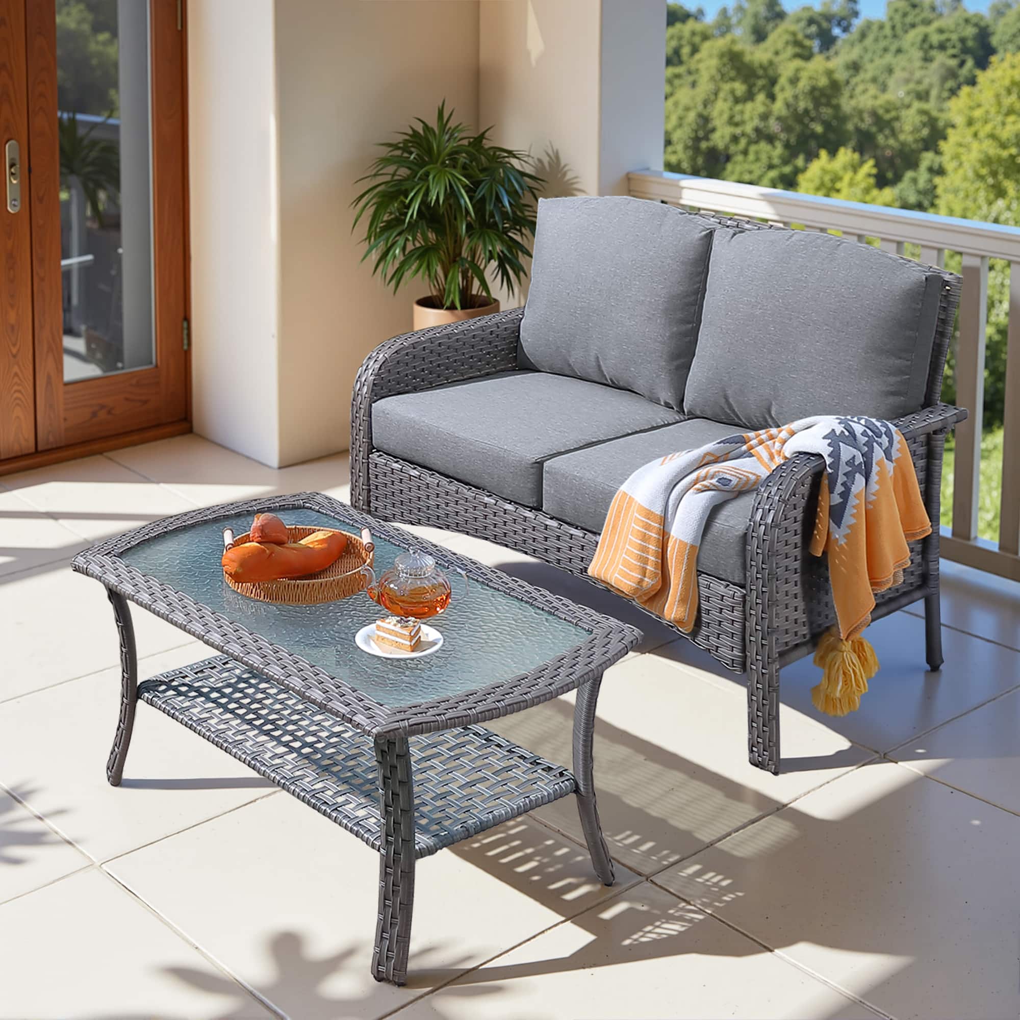 Ovios - 2 PCS Outdoor Patio Furniture High Back Sofa Wicker Loveseat with Table for Backyard Balcony - Dark Gry