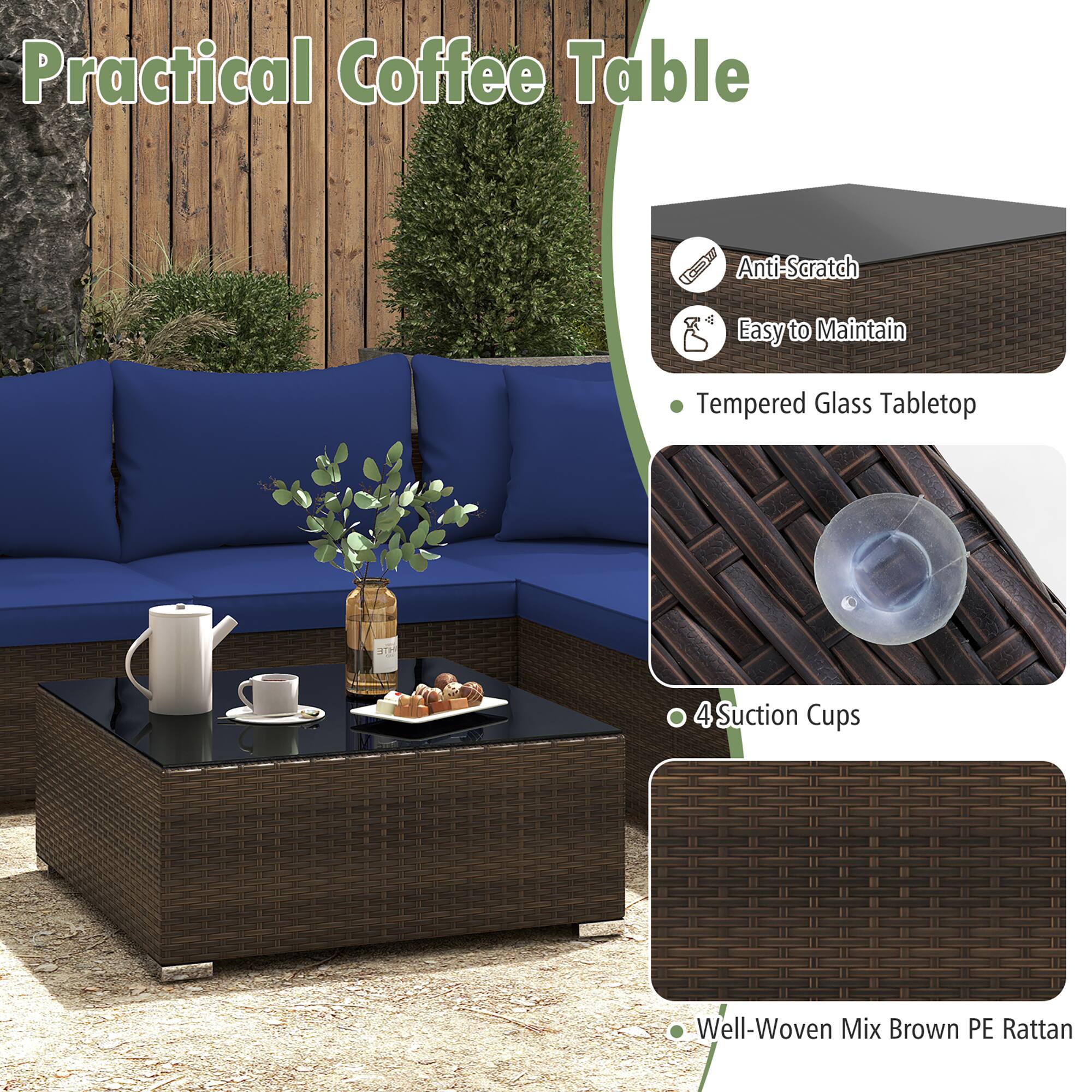Practical Coffee Table: Anti-Scratch 4 Easy to Maintain Tempered Glass Tabletop, H 4 Suction Cups, Well-Woven Mix Brown PE Rattan.