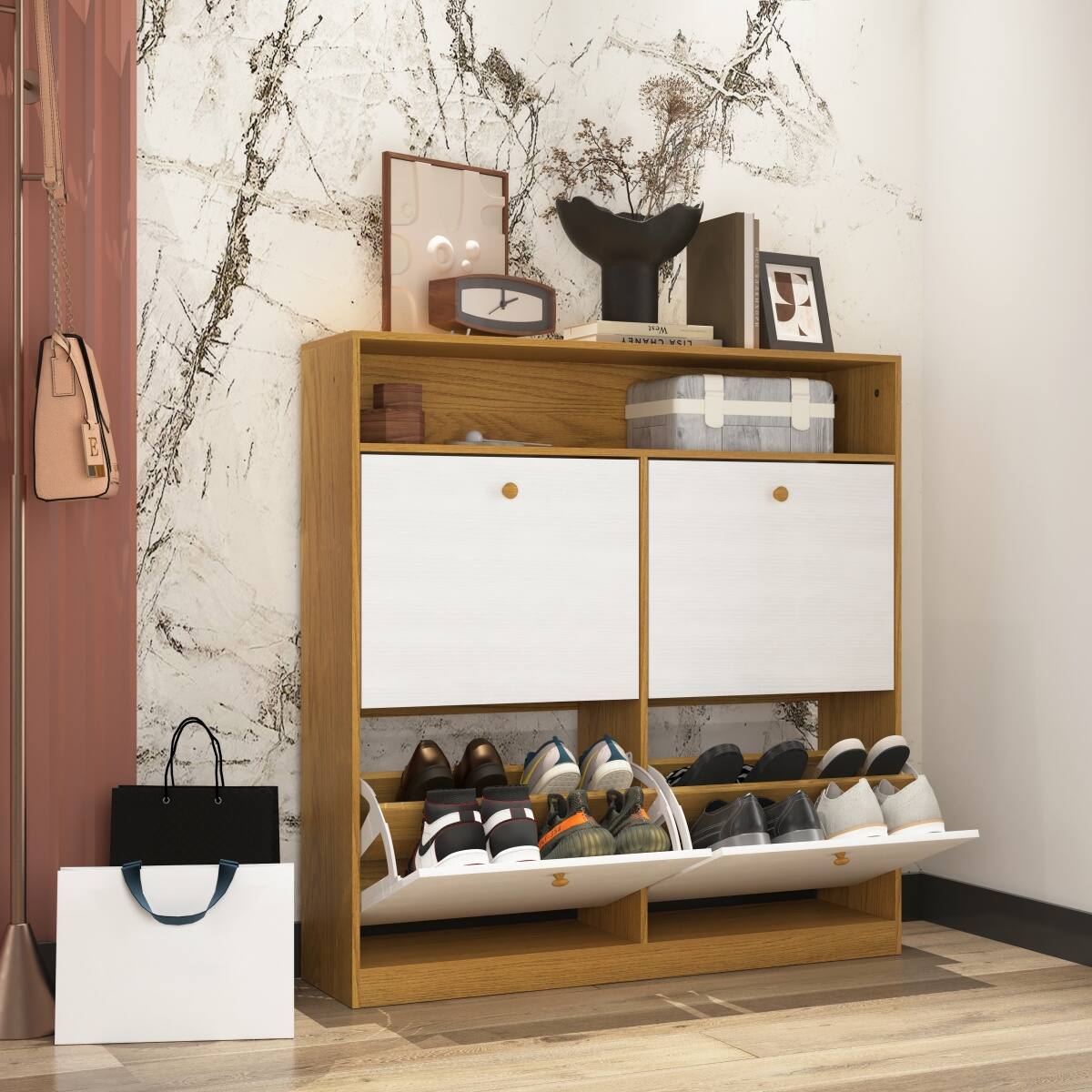 Angle. HTUTWOO - Shoe Storage Cabinet with 4 Flip Drawers,Anti-Tip Fitting,Spacious & Easy-to-Use Organizer for Entryway, Hallway - Light Brown.