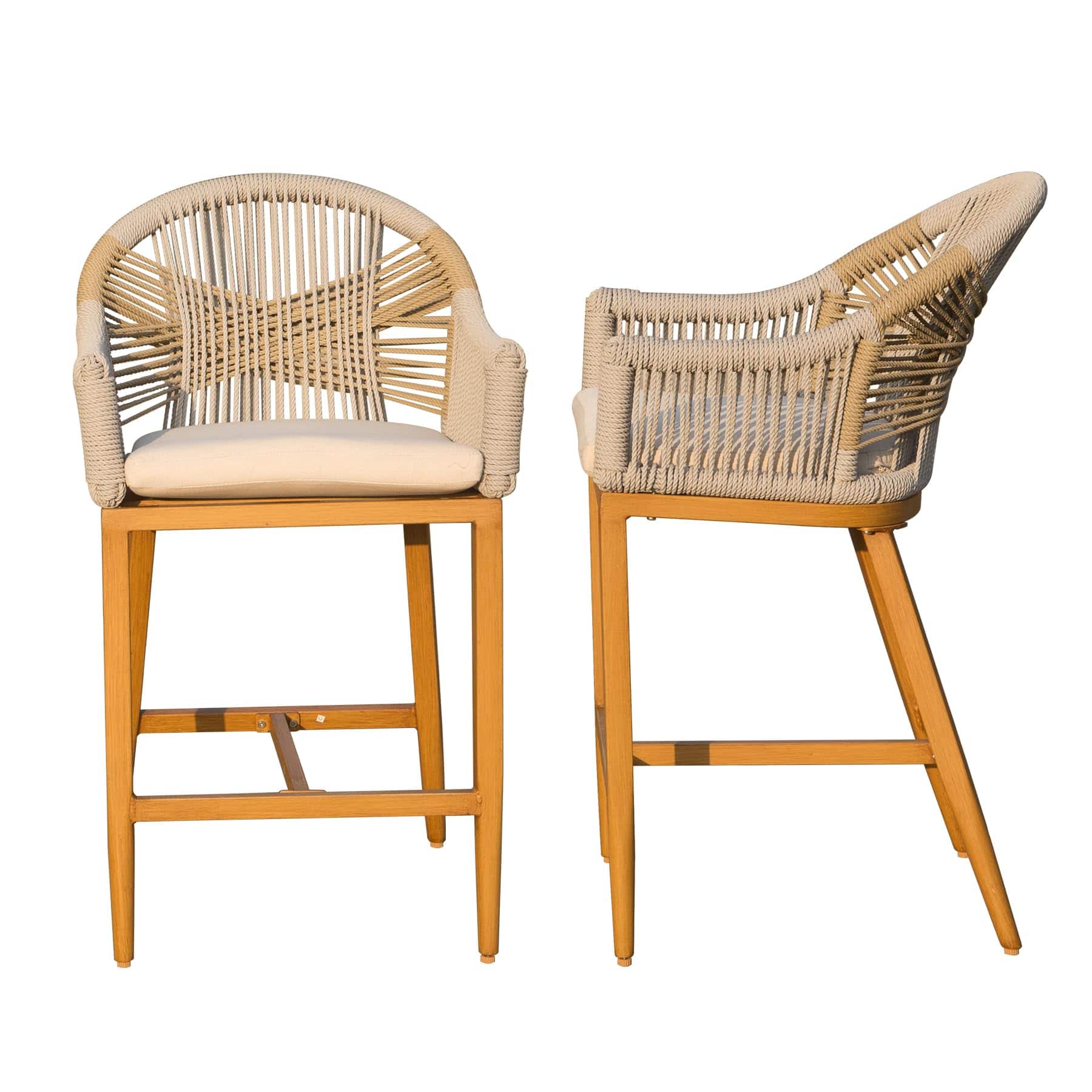 Boyel Living - Set of 2 Outdoor Counter Height Bar Stools with Arms Backrest Aluminum Frame Rope Design with Cushions - khaki