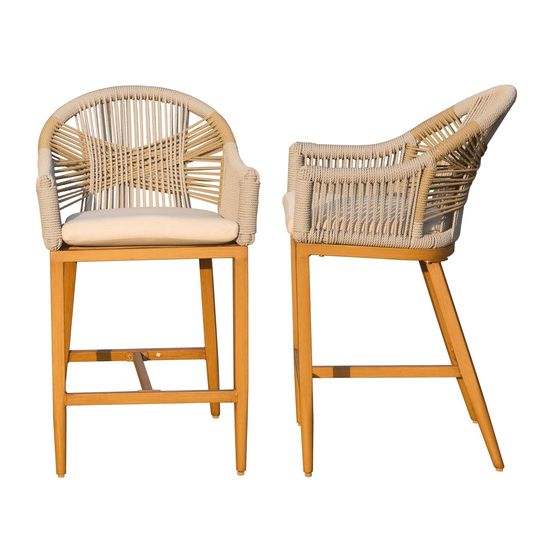 Boyel Living - Set of 2 Outdoor Counter Height Bar Stools with Arms Backrest Aluminum Frame Rope Design with Cushions - khaki