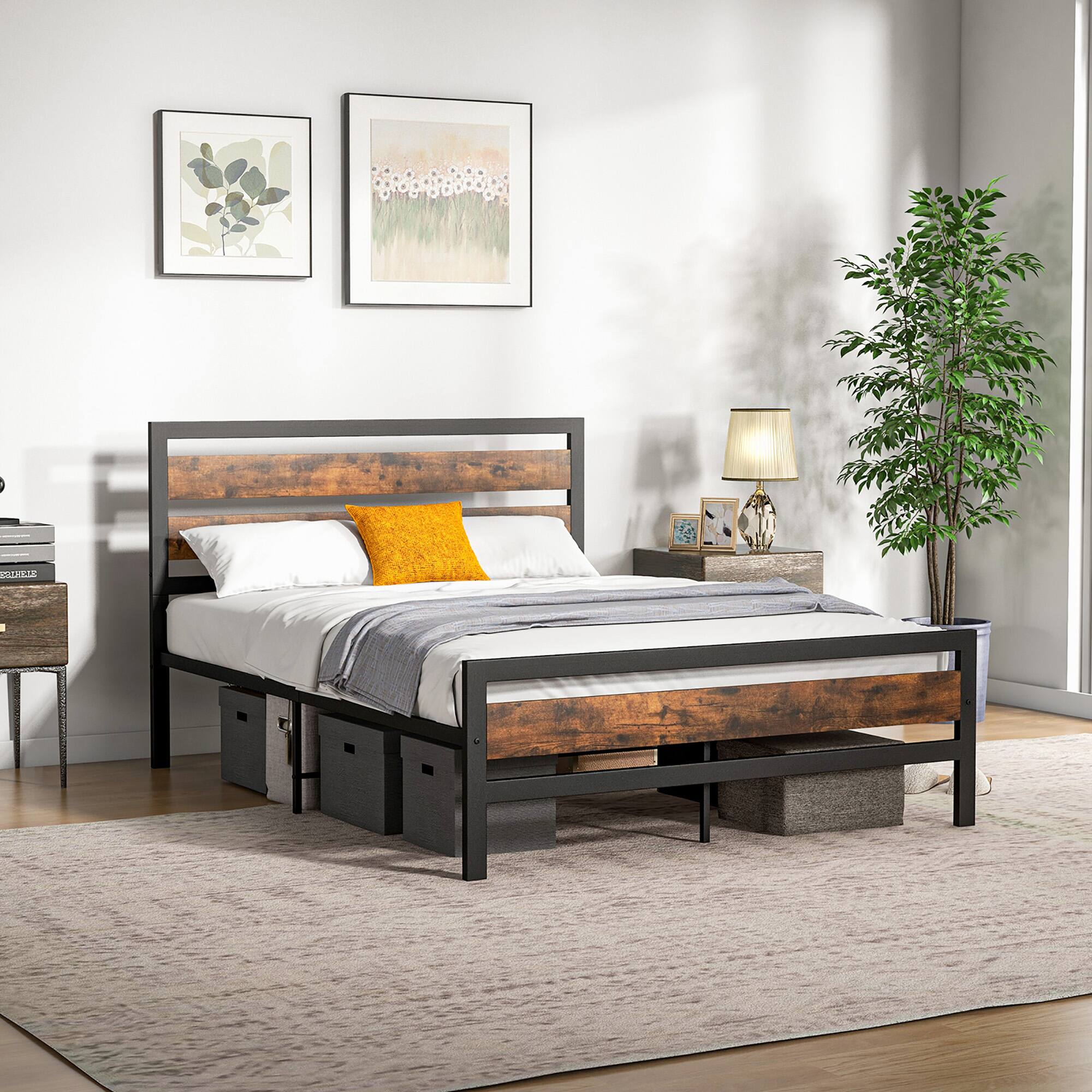 Alt View 4. Costway - Costway Full Industrial Metal Platform Bed Frame Rustic Headboard Mattress Foundation - Black.
