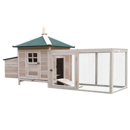Front. Pawhut - 77" Wooden Chicken Coop with Nesting Box, Cute Outdoor Hen House with Removable Tray, Ramp Run, for Garden Backyard.