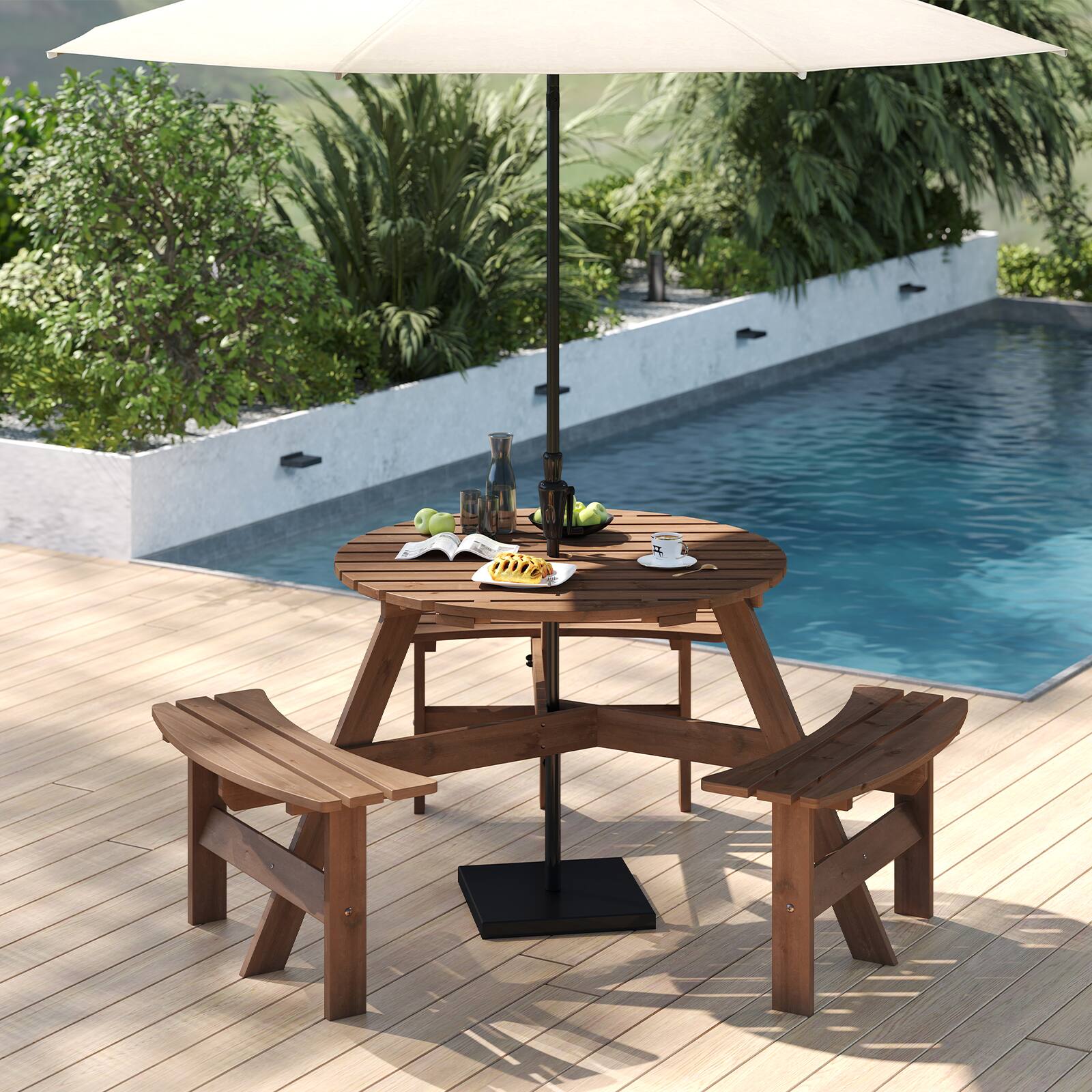 Alt View 9. Costway - Costway 6-Person Round Picnic Table Set with 3 Built-in Benches 2" Umbrella Hole - Brown.