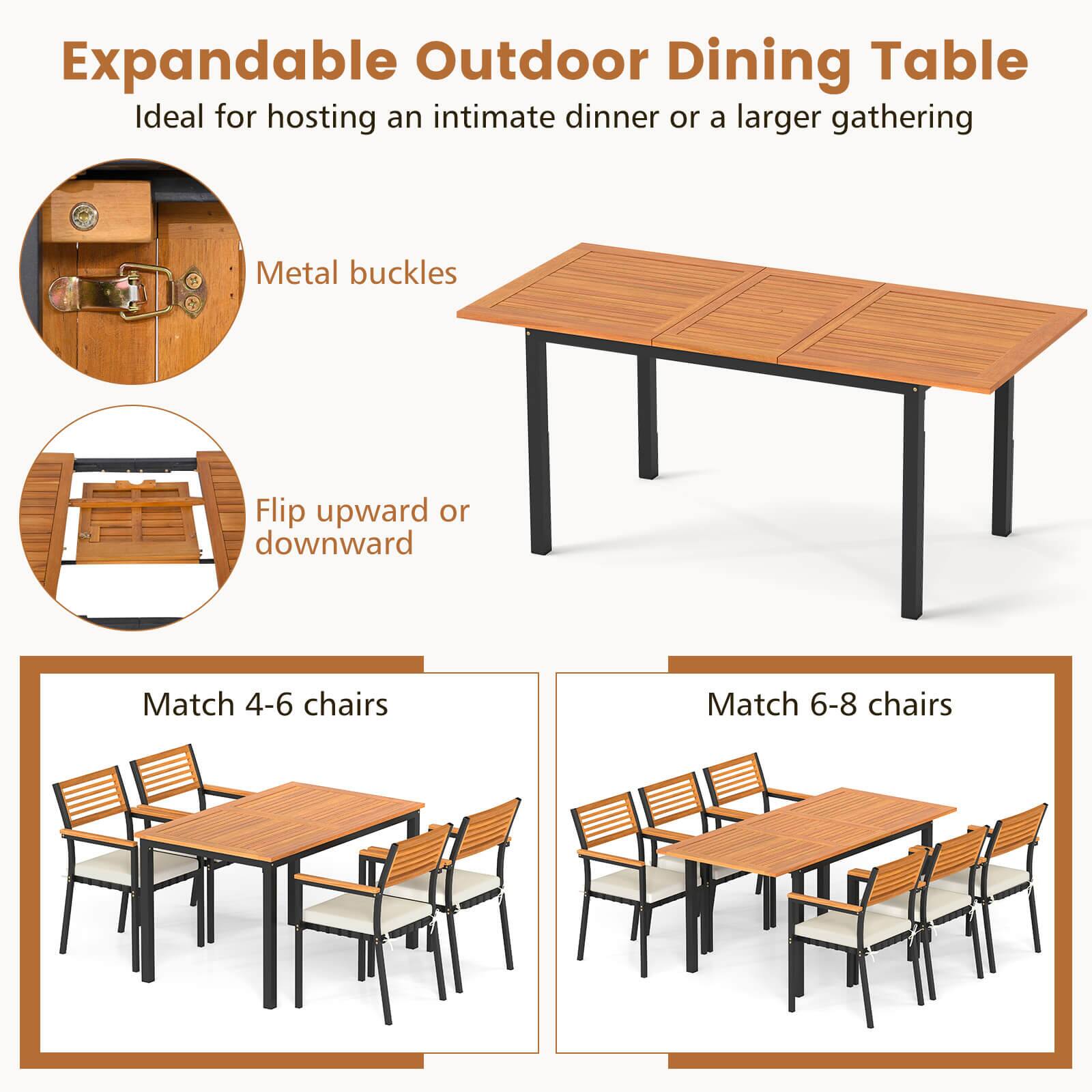 Expandable Outdoor Dining Table  
Ideal for hosting an intimate dinner or a larger gathering  

Metal buckles  

Flip upward or downward  

Match 4-6 chairs  

Match 6-8 chairs