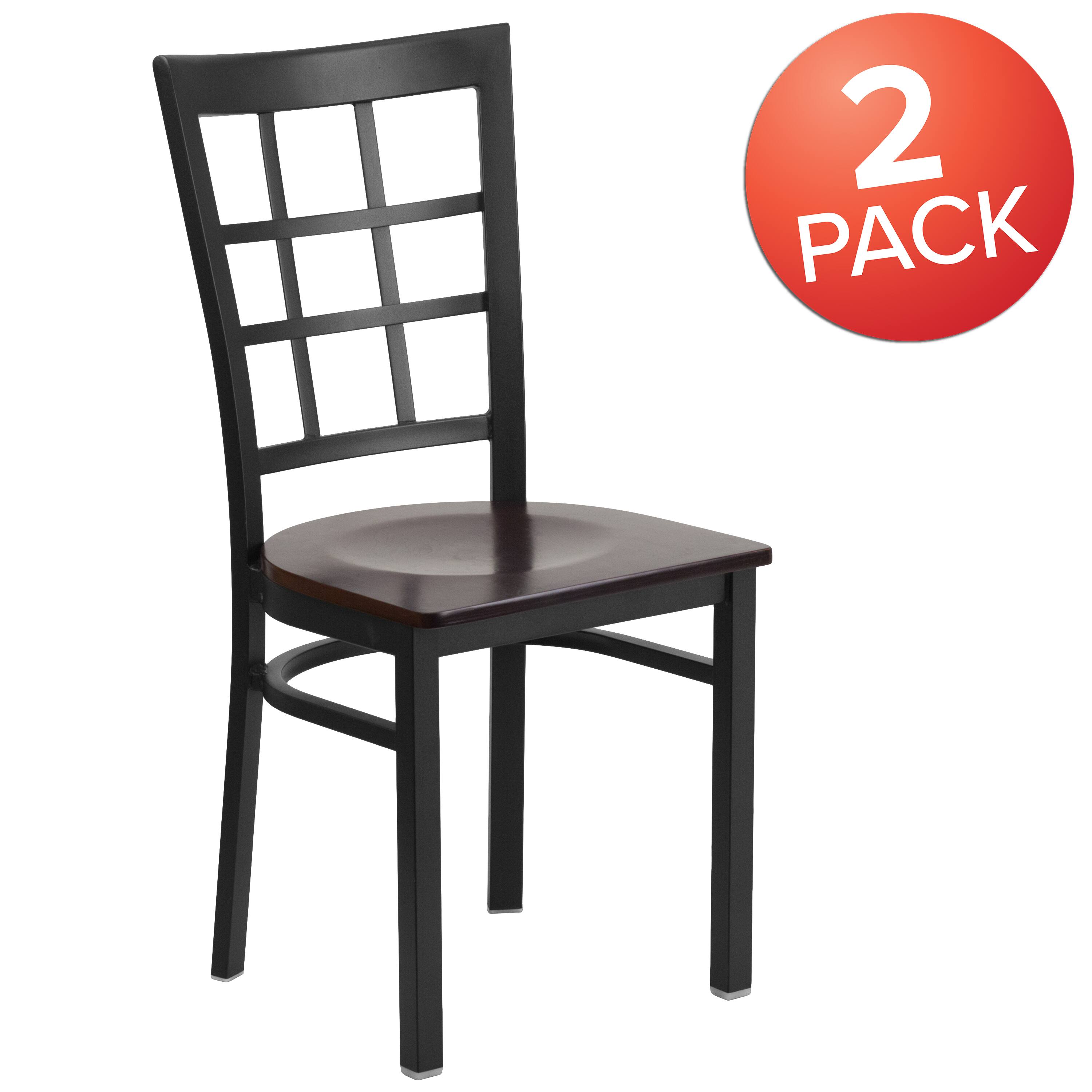 Alt View 1. Emma + Oliver - 2 Pack Window Back Metal Restaurant Chair - Walnut Wood Seat/Black Metal Frame.
