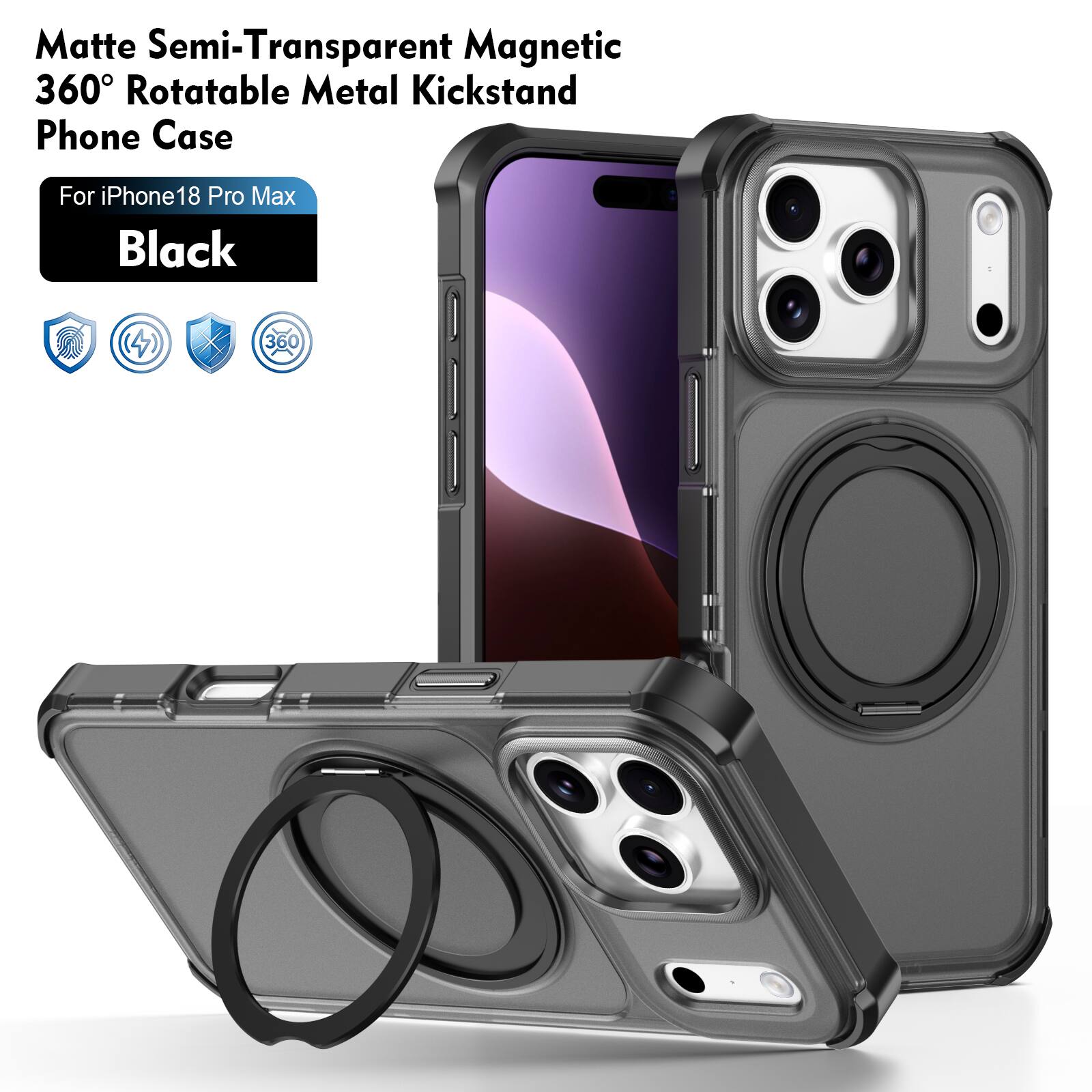Matte Semi-Transparent Magnetic 360° Rotatable Metal Kickstand Phone Case  
For iPhone 18 Pro Max Black