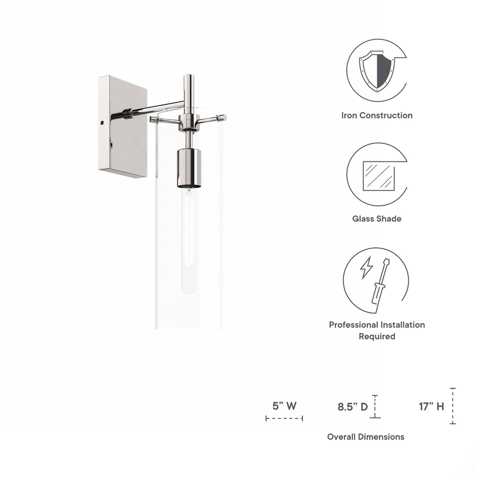 Iron Construction  
Glass Shade  
Professional Installation Required  

Overall Dimensions:  
5" W  
8.5" D  
17" H