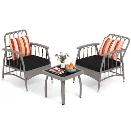 Front. Costway - Costway 3 PCS Patio PE Wicker Furniture Set with 5-Level Adjustable Backrest Bistro Set - Gray.